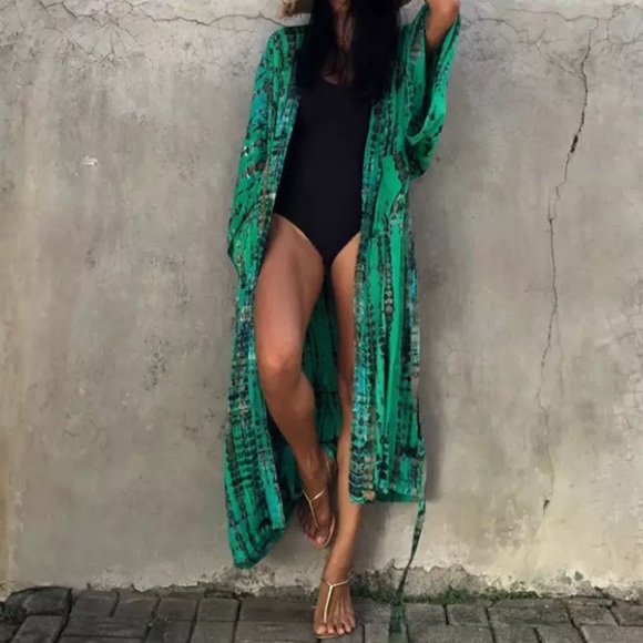 SOLD OUT Green Tie Dye Boho Swim Coverup Kimono Robe - Picture 2 of 3